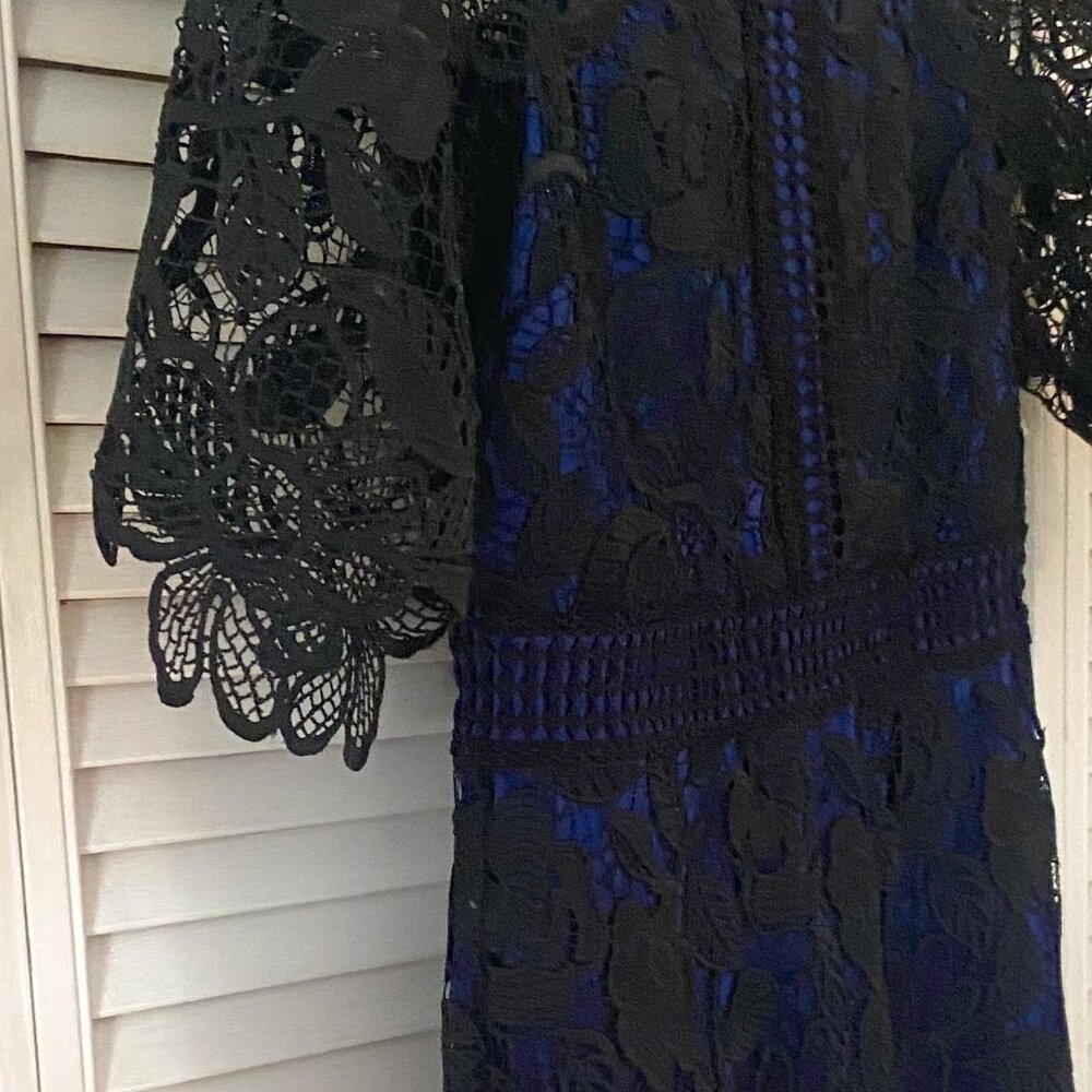 Simons Contemporaine Collection - black lace overlay over blue dress for a party